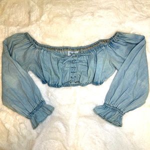 🔥Rad & Sexy Vintage 90s Lolita Coquette Milkmaid Peasant Lace Up Denim Crop Top
